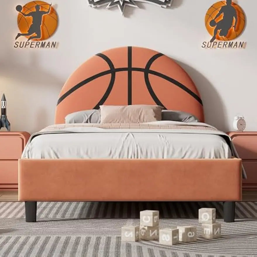 Cama infantil de tamaño doble con forma de baloncesto, tapizada en terciopelo, estilo deportivo, cama pequeña, soporte de listones de madera, no necesita somier