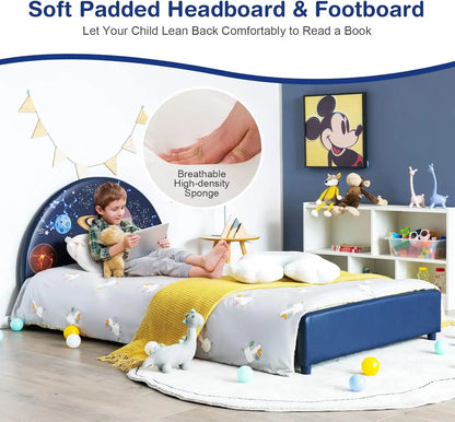 Marcos de cama dobles para niños, plataforma de cama doble tapizada en madera con soporte de listones, cabecero y pie de cama acolchados, no necesita somier