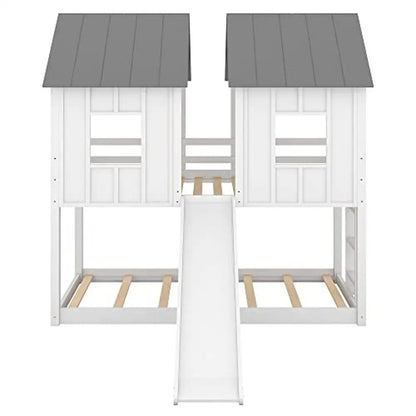 Lit superposé Twin Over Twin Playhouse avec toboggan et fenêtres de toit pour enfants, adolescents, garçons et filles, maison en bois blanc, assemblage facile