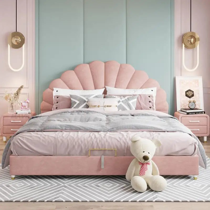 Cama infantil de madera maciza de color rosa de princesa grande para niñas de 2 a 14 años, juego de muebles para dormitorio infantil