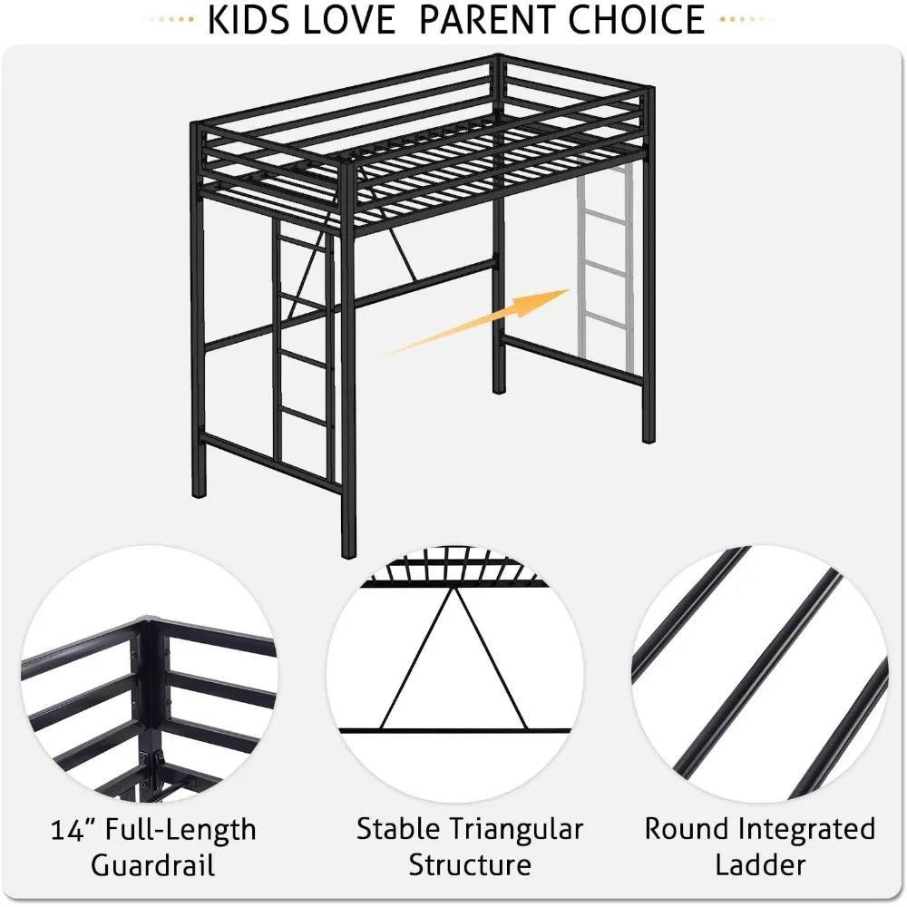 Lit mezzanine junior SHA CERLIN pour deux personnes, cadre de lit double robuste avec garde-corps sur toute la longueur et escaliers amovibles, sans bruit