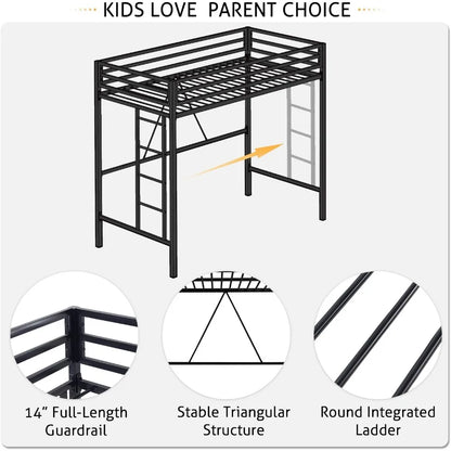 SHA CERLIN Junior Loft Bed Twin Size, Heavy Duty Twin Bed Frame with Full-Length Guardrail & Removable Stairs, Noise-Free