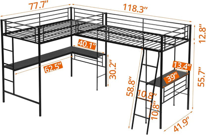 Cama alta en forma de L de tamaño doble con 2 escritorios incorporados, cama alta de esquina de metal con 2 escaleras y barandilla de seguridad, litera resistente B