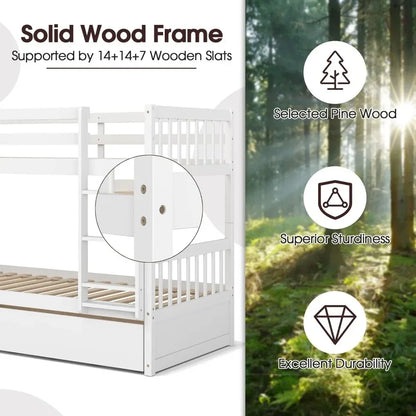 Twin Over Twin Bunk Bed with Trundle, Convertible Platform Bed Frame with Ladder & Solid Wood Frame, No Box Spring Needed, White