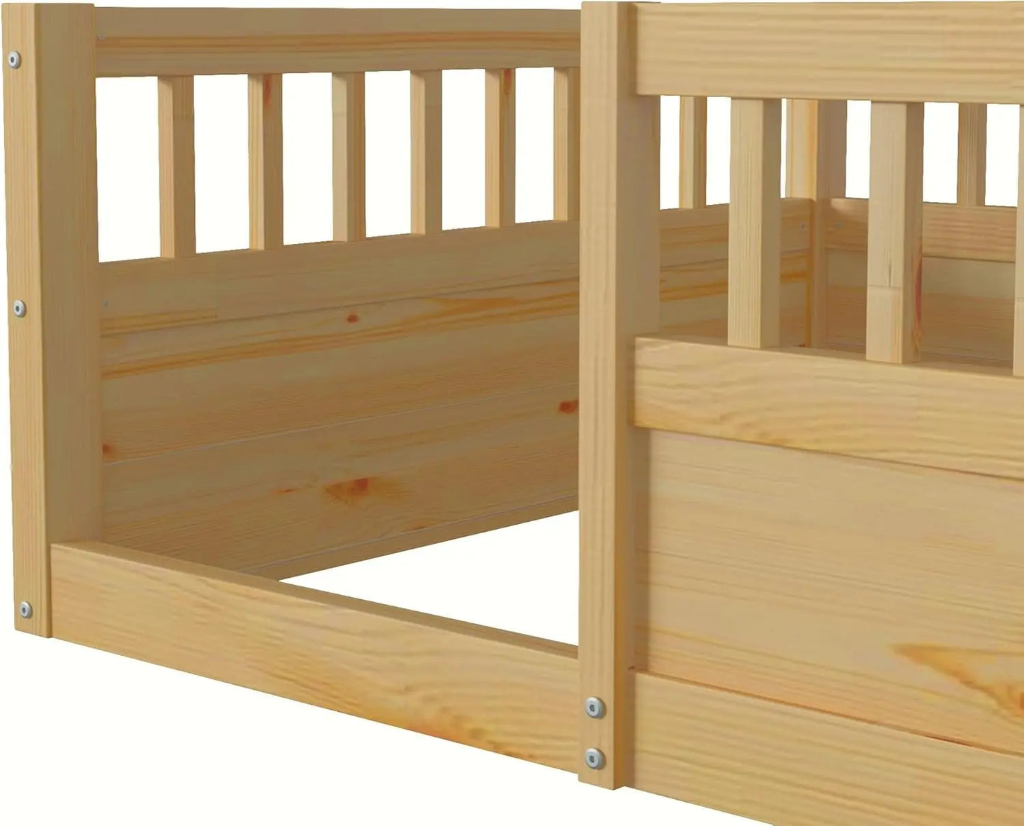 Cama de piso para niños pequeños con valla de seguridad, cama de piso tipo casa de juegos con barandales altos para dormitorio de niños, cama Montessori con madera sólida resistente