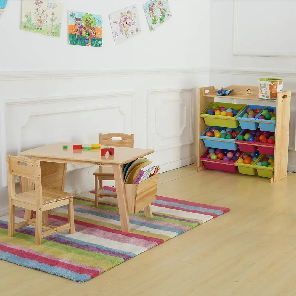 Juego de mesa y 2 sillas de madera maciza KRAND Kids con almacenamiento Juego de escritorio y silla para niños pequeños Mesa de actividades (madera maciza)