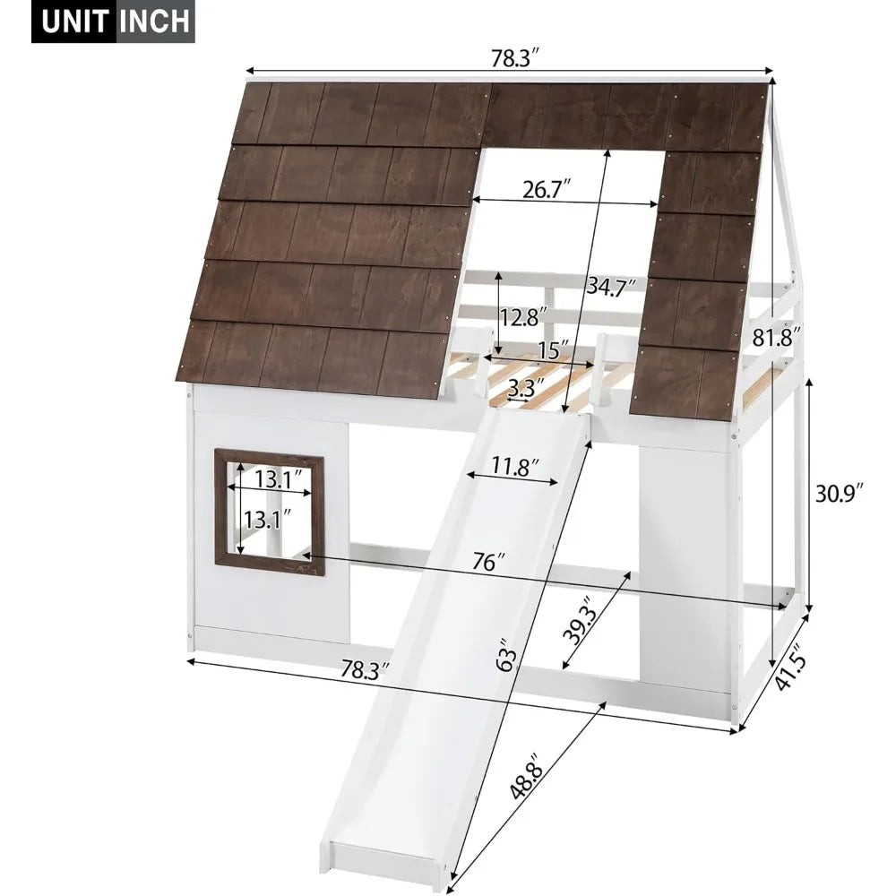 Litera Twin sobre Twin House con techo y ventana Litera baja de madera con tobogán y escalera incorporada Estructura de litera para niños