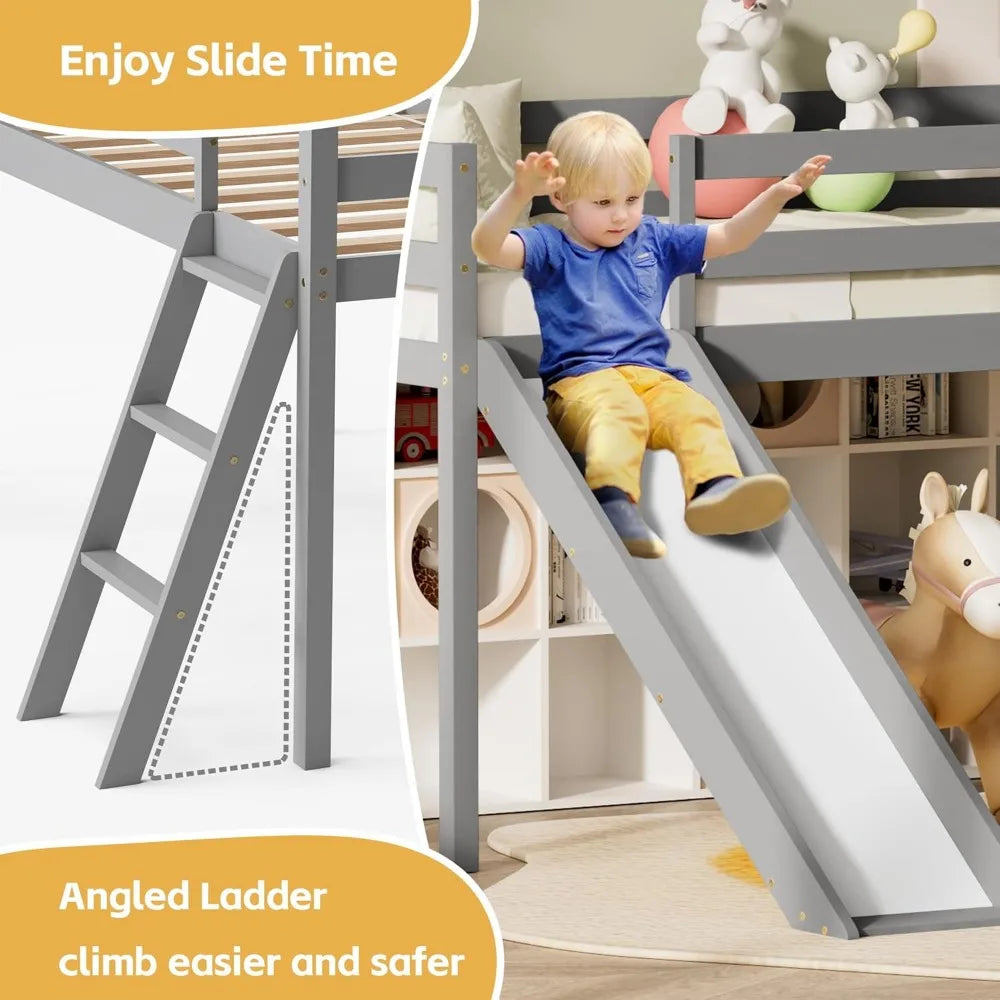 Lit mezzanine bas avec toboggan, cadre de lit mezzanine simple en bois avec échelle d'escalade et espace de rangement pour enfants et tout-petits