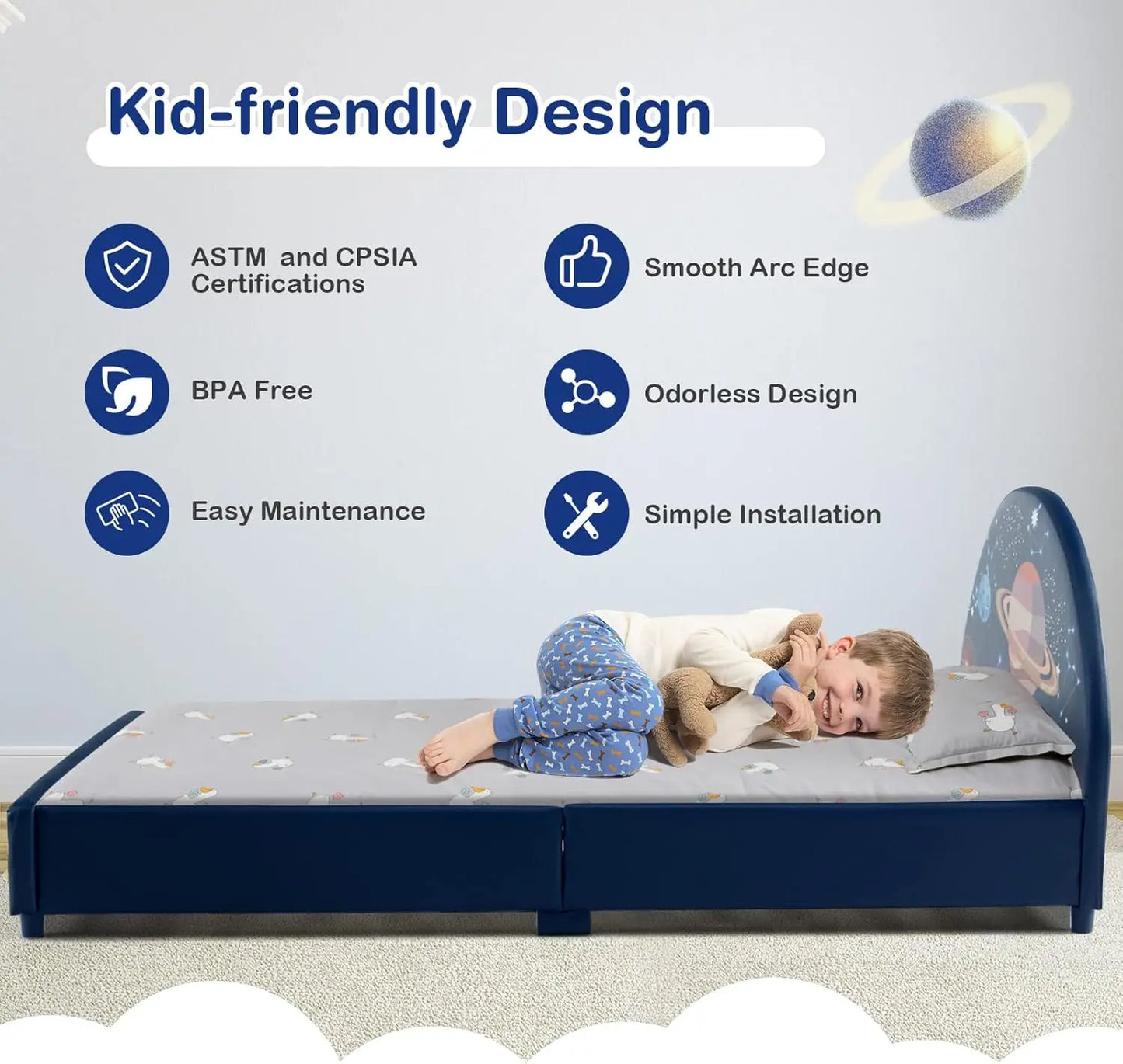 Twin Bed Frames for Kids, Wood Upholstered Twin Bed Platform with Slat Support, Padded Headboard&Footboard, No Box Spring Needed