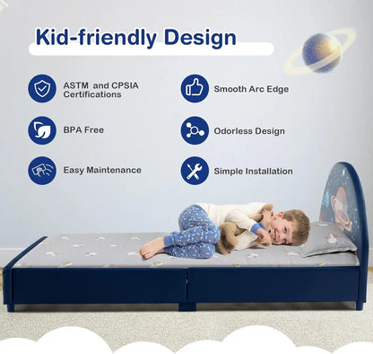 Twin Bed Frames for Kids, Wood Upholstered Twin Bed Platform with Slat Support, Padded Headboard&Footboard, No Box Spring Needed