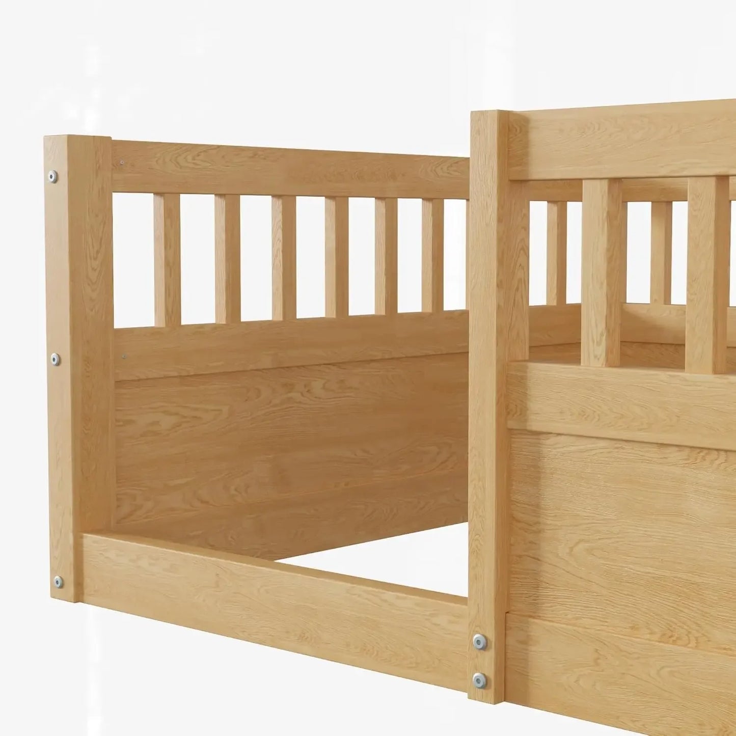 Lit double Montessori avec clôture, cadre de lit au sol pour tout-petits avec rails hauts pour chambre d'enfants, tout-petits, garçons et filles,