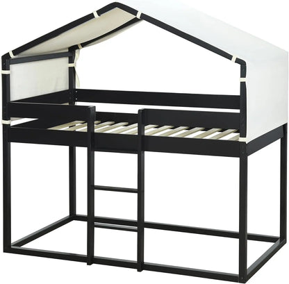 Twin Over Twin Bunk Bed Wood Beds With Tent And Ladder,House-Shaped Solid Pinewood Bed Frame W/Full-Length Guardrails,& Slat