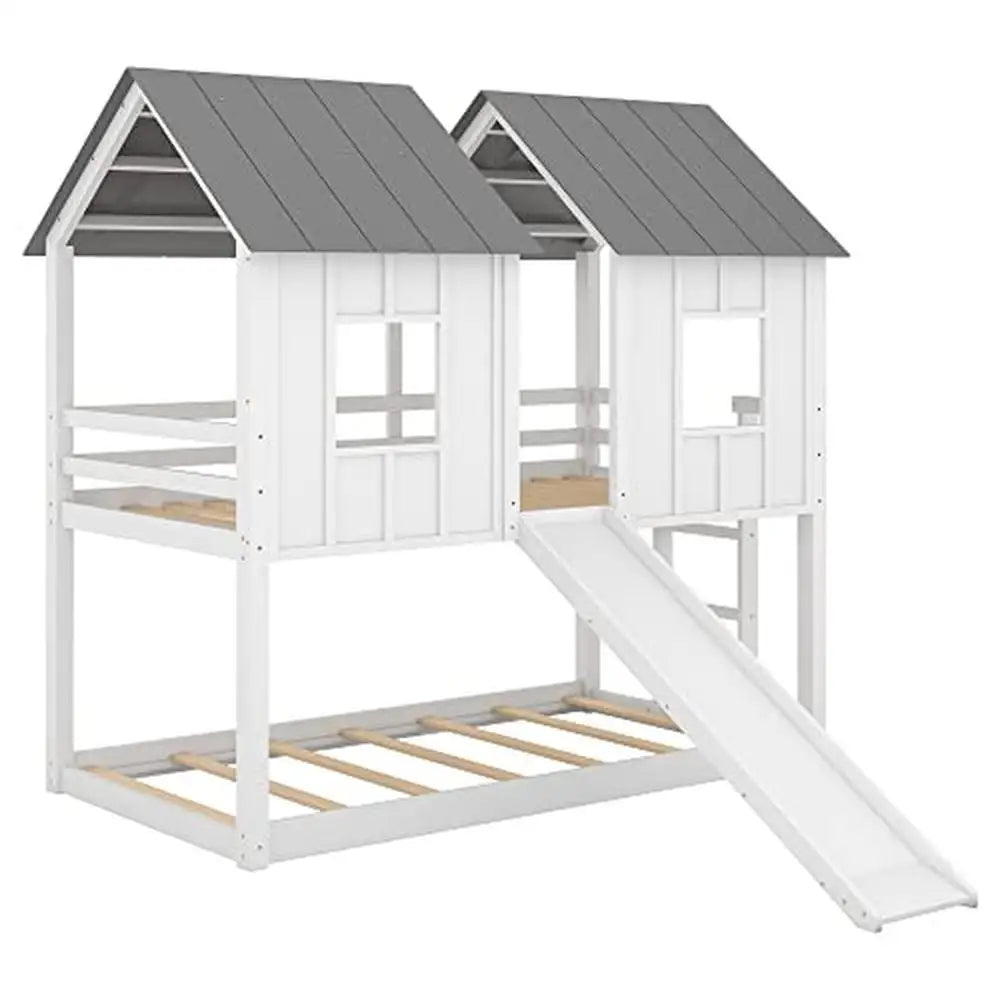 Lit superposé Twin Over Twin Playhouse avec toboggan et fenêtres de toit pour enfants, adolescents, garçons et filles, maison en bois blanc, assemblage facile