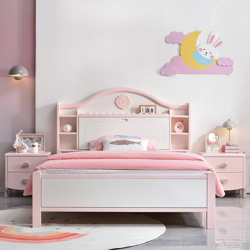 Bonita cama doble moderna para niñas con cajones de almacenamiento, cama alta estilo villa, cama de princesa de madera maciza, muebles de dormitorio matrimonial