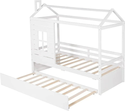 Twin Size House Bed With Twin Size Trundle, Wood Bed Frames With Window And Roof For Kids Girls Boys, White