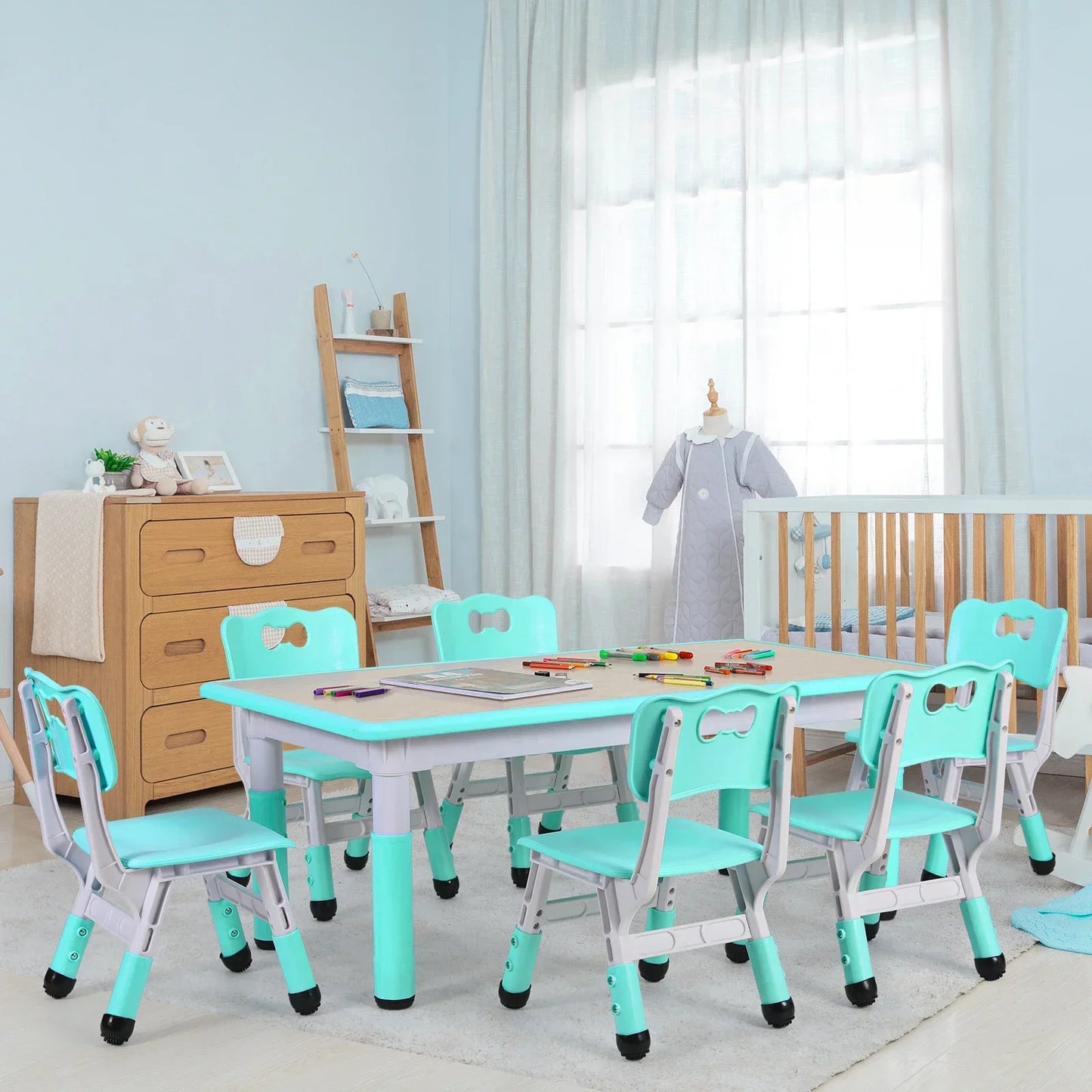 Ensemble table rectangulaire pour enfants avec 6 chaises, table multi-activités réglable en hauteur pour tout-petits, bureau d'art et d'artisanat pour filles, 2 à 10 ans