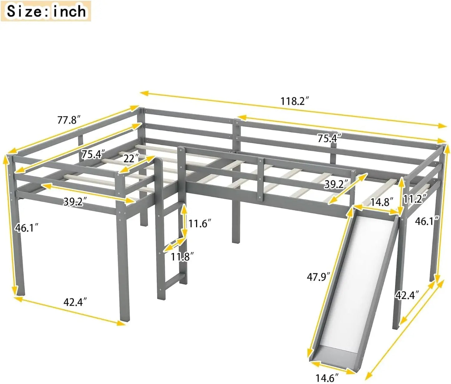 Cama doble tipo loft de madera Merax tamaño twin con tobogán y escalera, estructura de cama en forma de L con barandilla de longitud completa, estructura de cama de madera para K