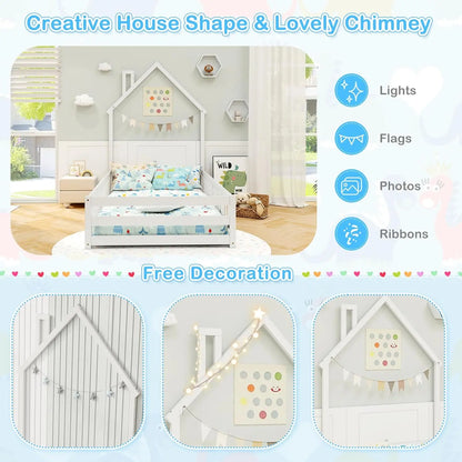 Twin Floor Bed, House-Shaped Montessori Bed Frame with Headboard, Full-Length Guardrail, Chimney & Solid Wood Structure, Without