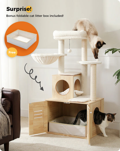 Tour à chat à plusieurs niveaux avec bac à litière pliable pour chat Arbre à chat en bois avec griffoir pour chat Lit pour chaton Accessoires pour chat Jouets pour chat