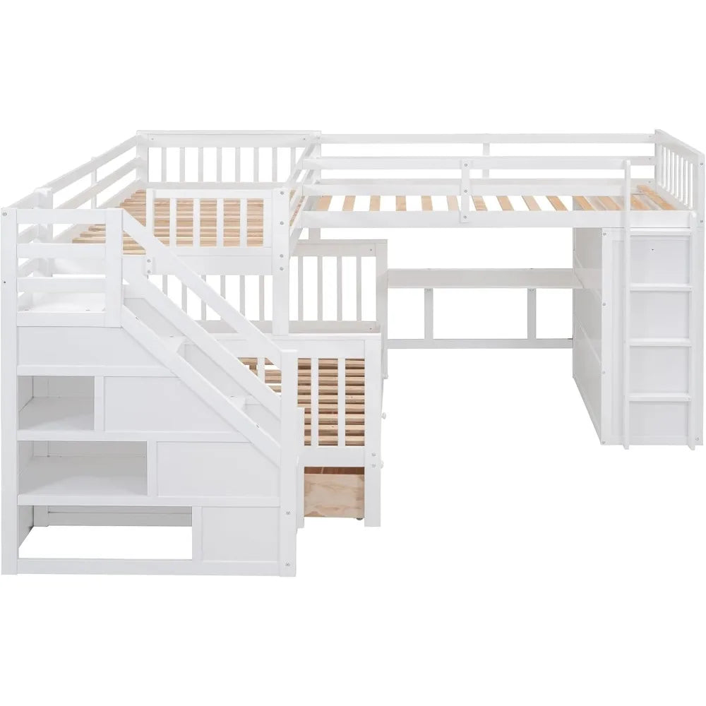 Lits superposés triples en forme de L avec escaliers et bureauLit superposé simple sur lit double avec armoire de rangement, étagères et tiroirs, lit superposé en bois 3 lits