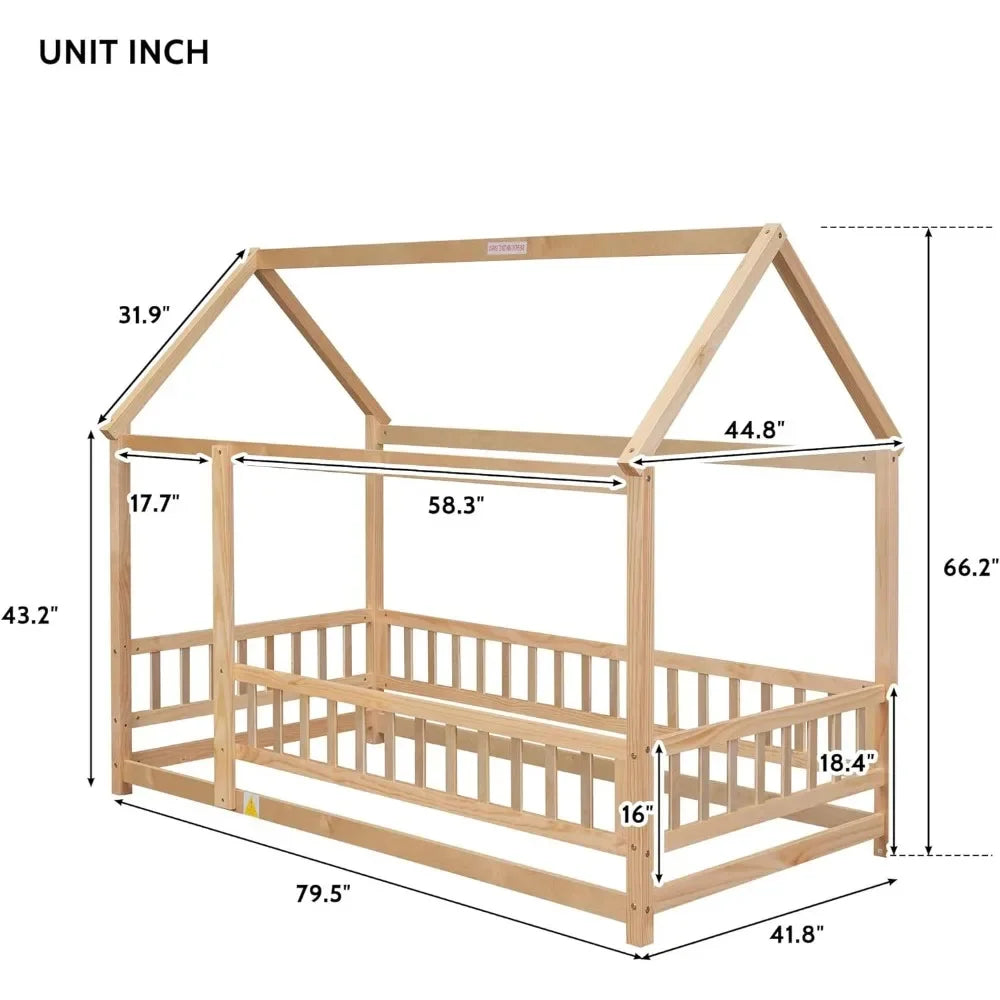 Cama de piso de tamaño doble, cama Montessori de madera con cerca y techo para niños, marco de cama doble tipo casita de juegos para niñas