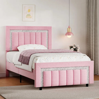 Marcos de cama individuales con cabecero, marco de cama tapizado en rosa con cabecero de terciopelo con canal vertical en forma de diamante, marcos de cama individuales