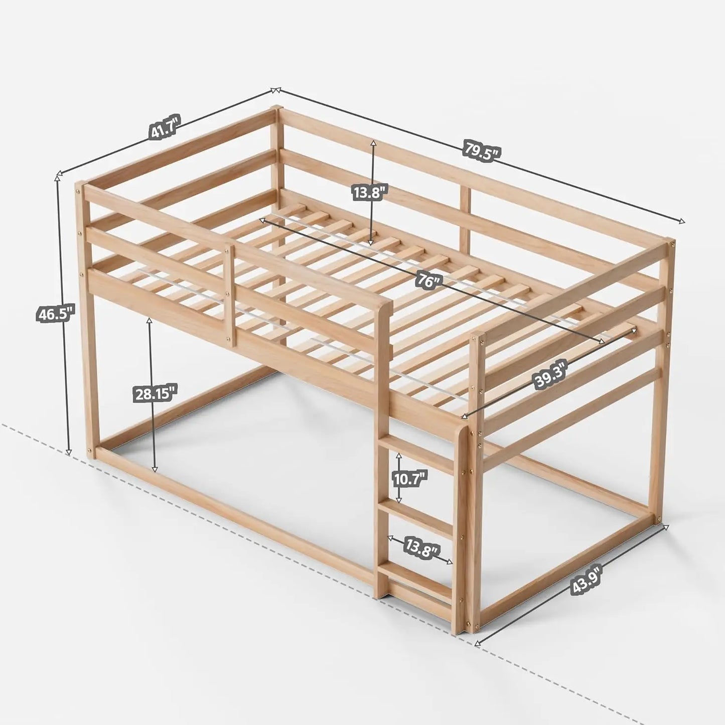 Low Bunk Bed Twin Over Twin, Floor Bunk Bed with Ladder, Twin Bunk Bed with Full Guardrails