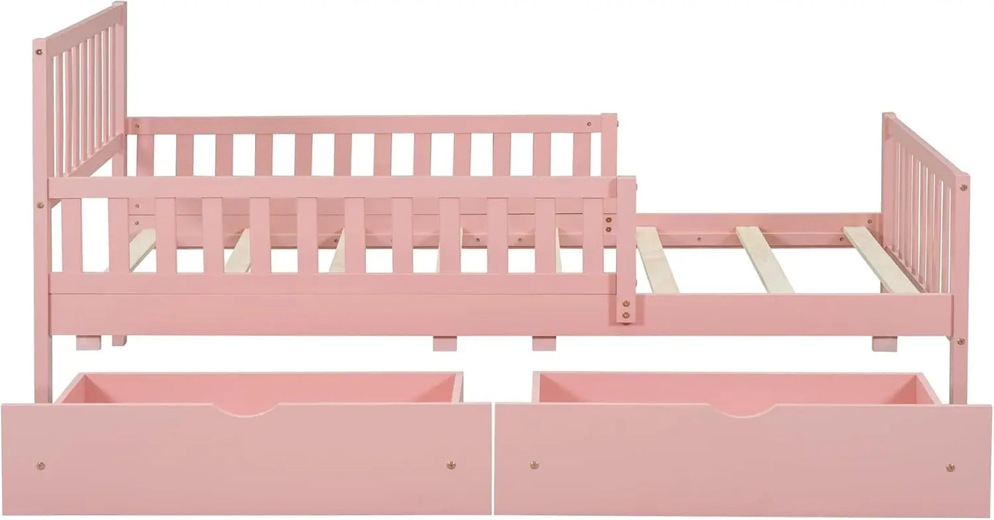 Cama individual con barandillas, cama de plataforma baja con cabecero y pie de cama, estructura de cama infantil rosa con 2 cajones para niño y niña