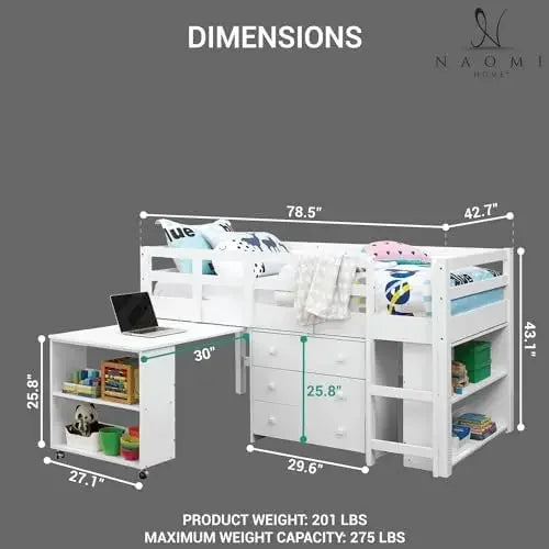 Lit mezzanine double avec rangement, bureau, armoire, échelle, bureau bas en bois de pin pour enfants, garde-corps de sécurité, bibliothèque