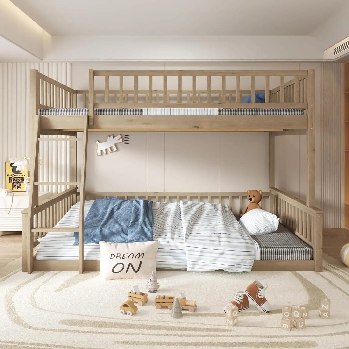 Litera moderna tamaño queen con escalera y barandillas, litera de madera para dormitorio de niños, adolescentes y adultos, diseño desmontable