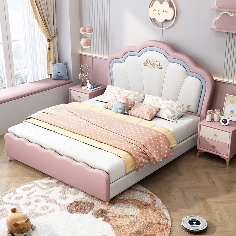 Modern Leather Childrens Bed Girls Pink Luxury Comferter Children Beds Princess Wood Cama Infantil Bedroom Set Furniture