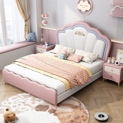 Lit pour enfants en cuir moderne pour filles, lit de luxe rose pour enfants, lit princesse en bois, ensemble de chambre à coucher pour enfants