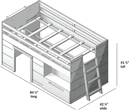 Cama loft baja de madera maciza Max &amp; Lily tamaño doble con cajón de almacenamiento, escalera, estilo rural moderno, para niños, madera flotante