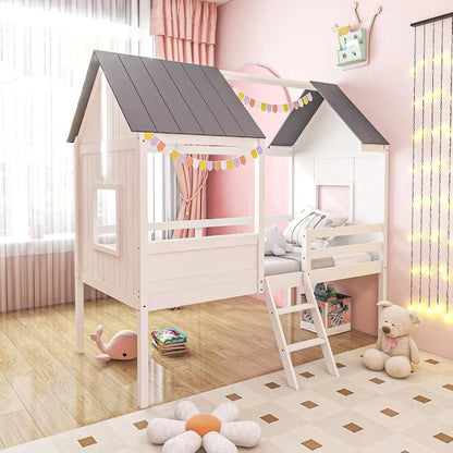 Estructura de cama tipo casa gemela, estructura de cama tipo loft baja para niños con techo, ventanas laterales y escalera, cama de juegos con soporte de listones de madera para niñas