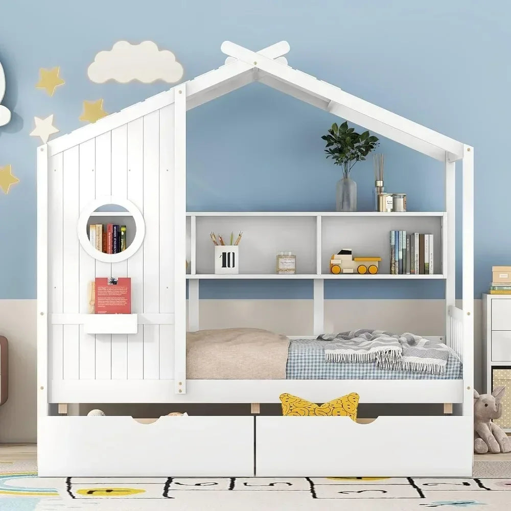 Cama doble tipo casa con cajones de almacenamiento y estantería, estructura de cama Montessori con plataforma doble con barandillas y techo para niños, adolescentes, niñas y niños