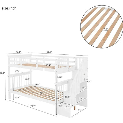 Litera doble sobre dos camas individuales con escaleras, estructura de litera de madera maciza con espacio de almacenamiento para dormitorio de niños, adolescentes y adultos, camas para niños