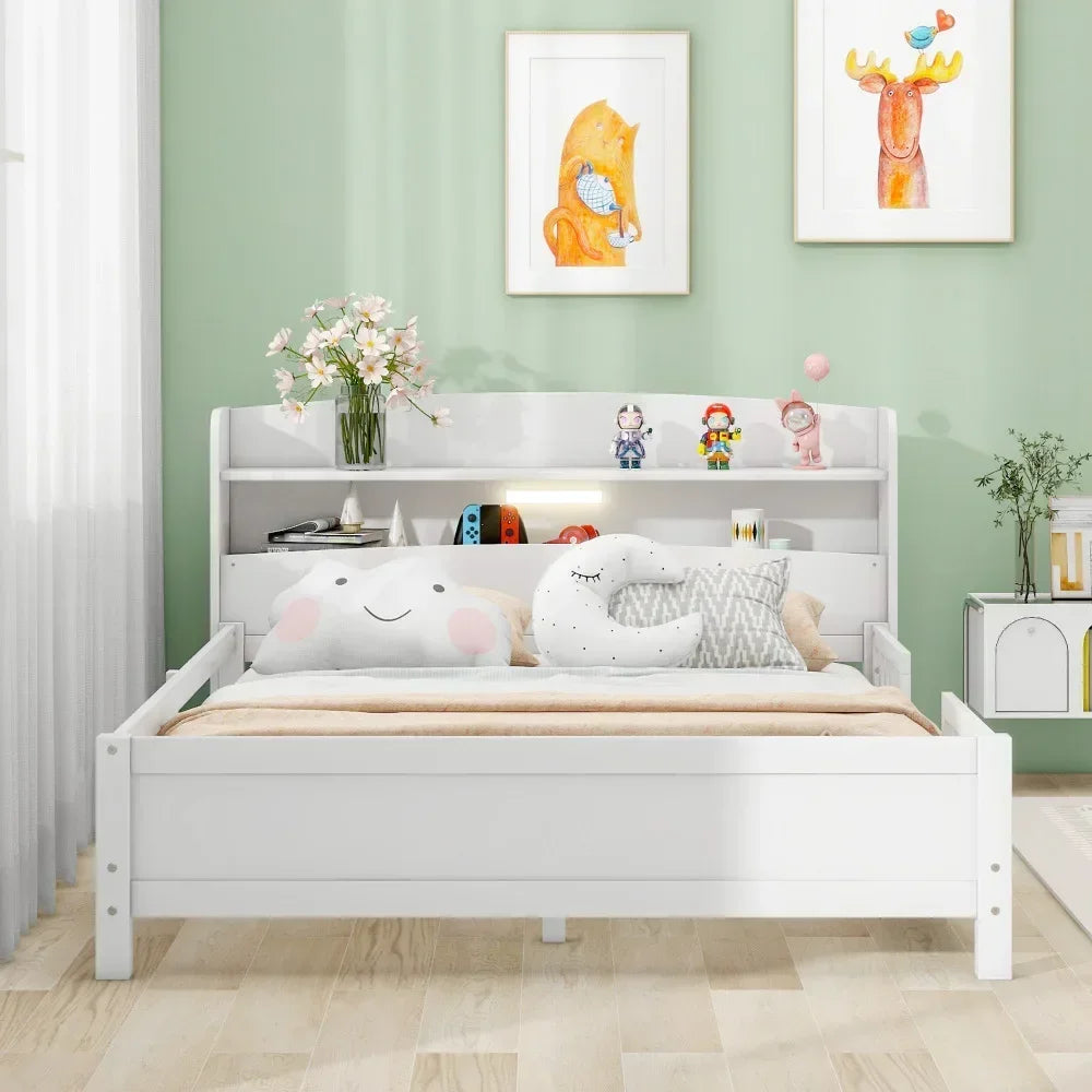 Cama de plataforma de madera de tamaño completo con luz LED incorporada, cabecero de almacenamiento, barandilla, literas blancas para niños, literas para niñas