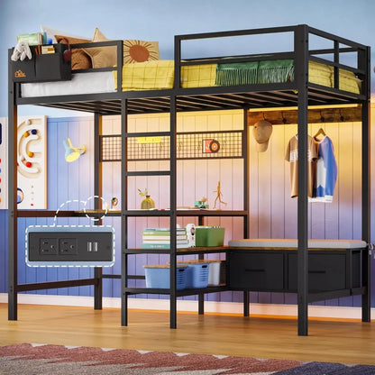 Loft Bed with L-Shaped Desk, LED Lights and Charging Station with Storage Shelves and Coat Rack with 2 Storage Drawers, Kids Bed