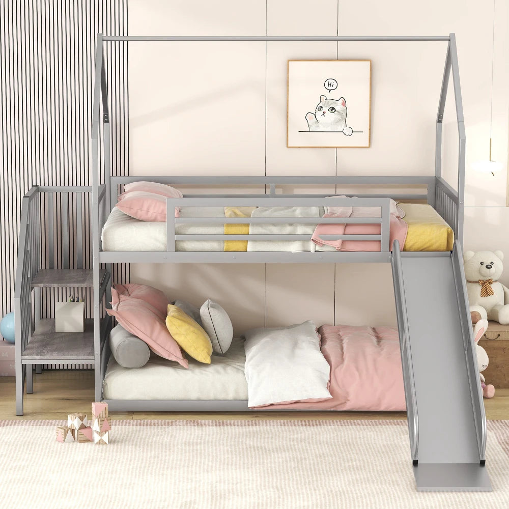 Literas de metal de tamaño doble, cama tipo casa con tobogán y escalera, literas negras con tobogán, literas para niños, cama para niños