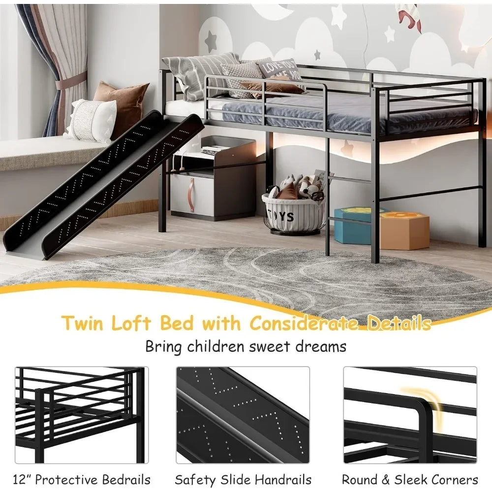 Lit mezzanine double avec toboggan, lit superposé bas en métal avec barrières de sécurité et échelle intégrée, cadre de lit pour tout-petits pour garçons et filles