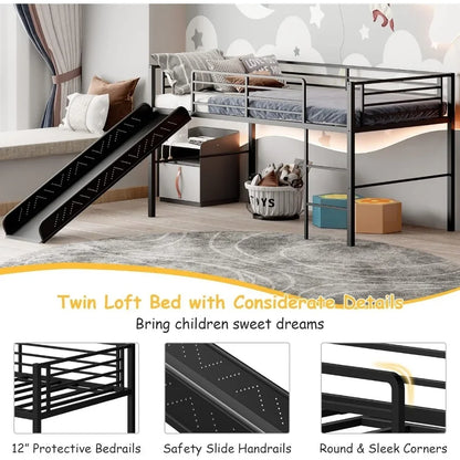 Twin Loft Bed with Slide, Metal Low Bunk Bed W/Safety Guardrails & Built-in Ladder, Toddler Bed Floor Frame for Boys & Girls