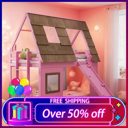 Pink House Bunk Bed with Roof Low Bunk Bed with Slide for Girls, Twin Over Twin, with slide, with built-in ladder