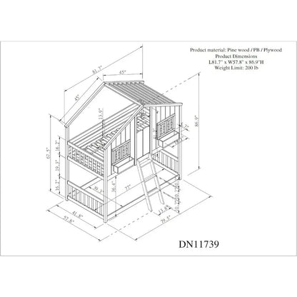 Twin Kids Bunk Bed  Twin Wood Frame with Roof,Window, Window Box, Door, Safety Guardrails and Ladder Sturdy & Security Bunk Bed