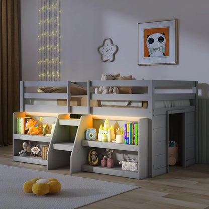 Low Loft Bed with LED Lights, Wooden Twin Loft Bed with Stairs & Safety Guardrail, Loft Bed Twin Size with Storage Bookcase