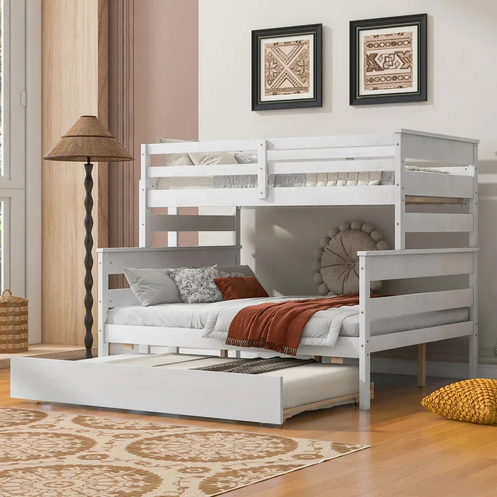 Wood Twin Over Full Bunk Bed with Size Trundle,White Kids Beds for Boys Twin Bed Frame Baby Three Blind Box Twin Beds Furniture