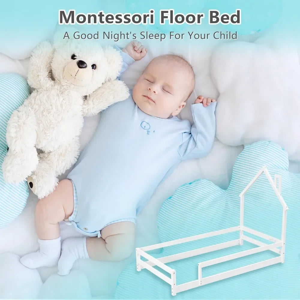 Cama de piso Montessori de tamaño doble para niños pequeños, cabecero de cama con marco en forma de casa moderna con vallas, madera de pino