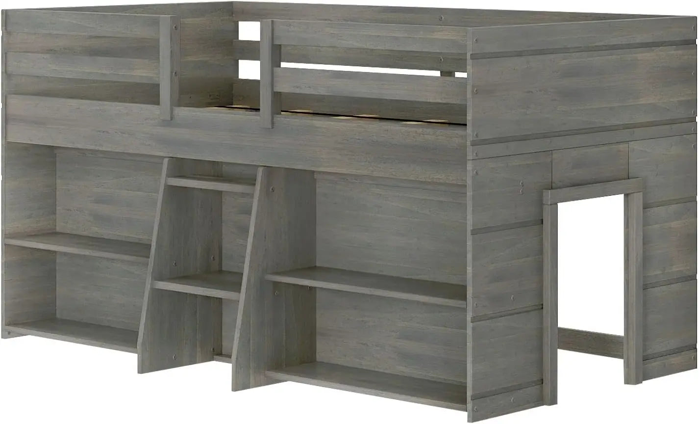 Modern Farmhouse Low Loft Bed, Twin Bed Frame for Kids with 2 Bookcases, Driftwood