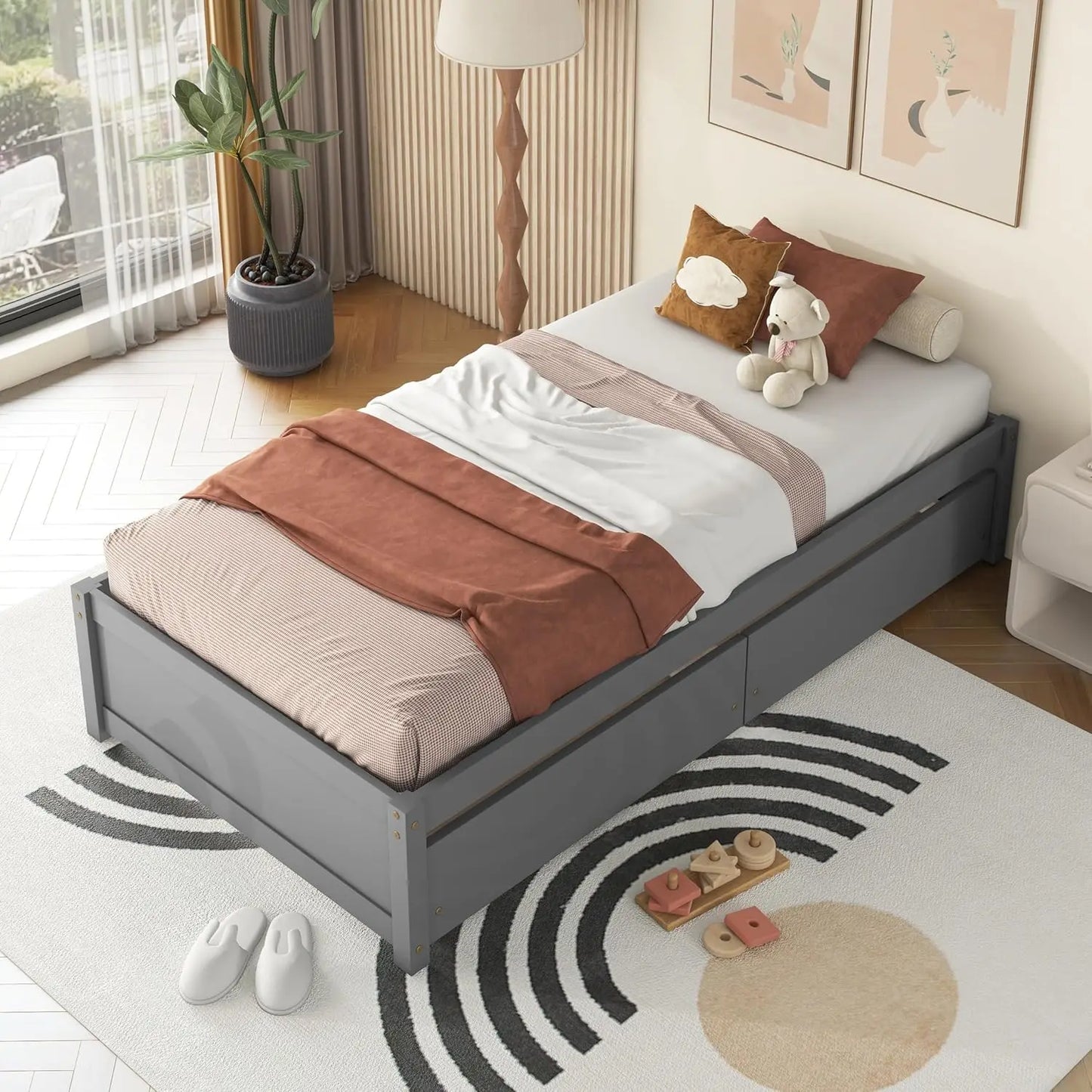 Marco de cama de tamaño individual con 2 cajones de almacenamiento, cama individual para niños, plataforma de madera maciza para niños, adolescentes y adultos, color gris