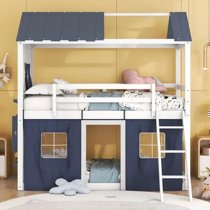 Litera doble tipo loft con tienda de campaña, cama doble tipo loft para niños con escaleras, barandilla, ventanas y techo, adecuada para dormitorios de niños y niñas