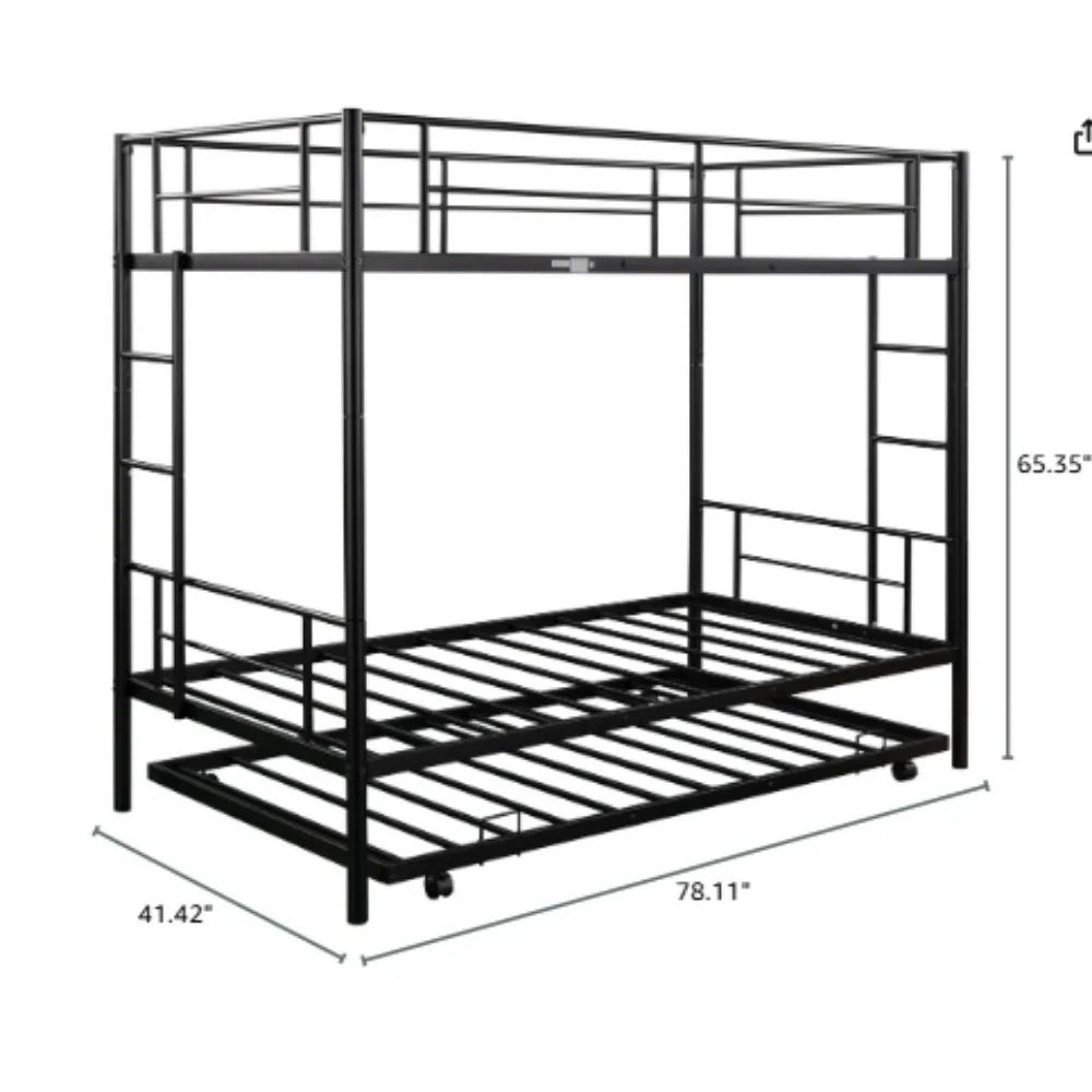 Litera doble sobre cama individual con cama nido, literas dobles para 3 niños o jóvenes, litera de metal con 2 escaleras y barandillas de longitud completa